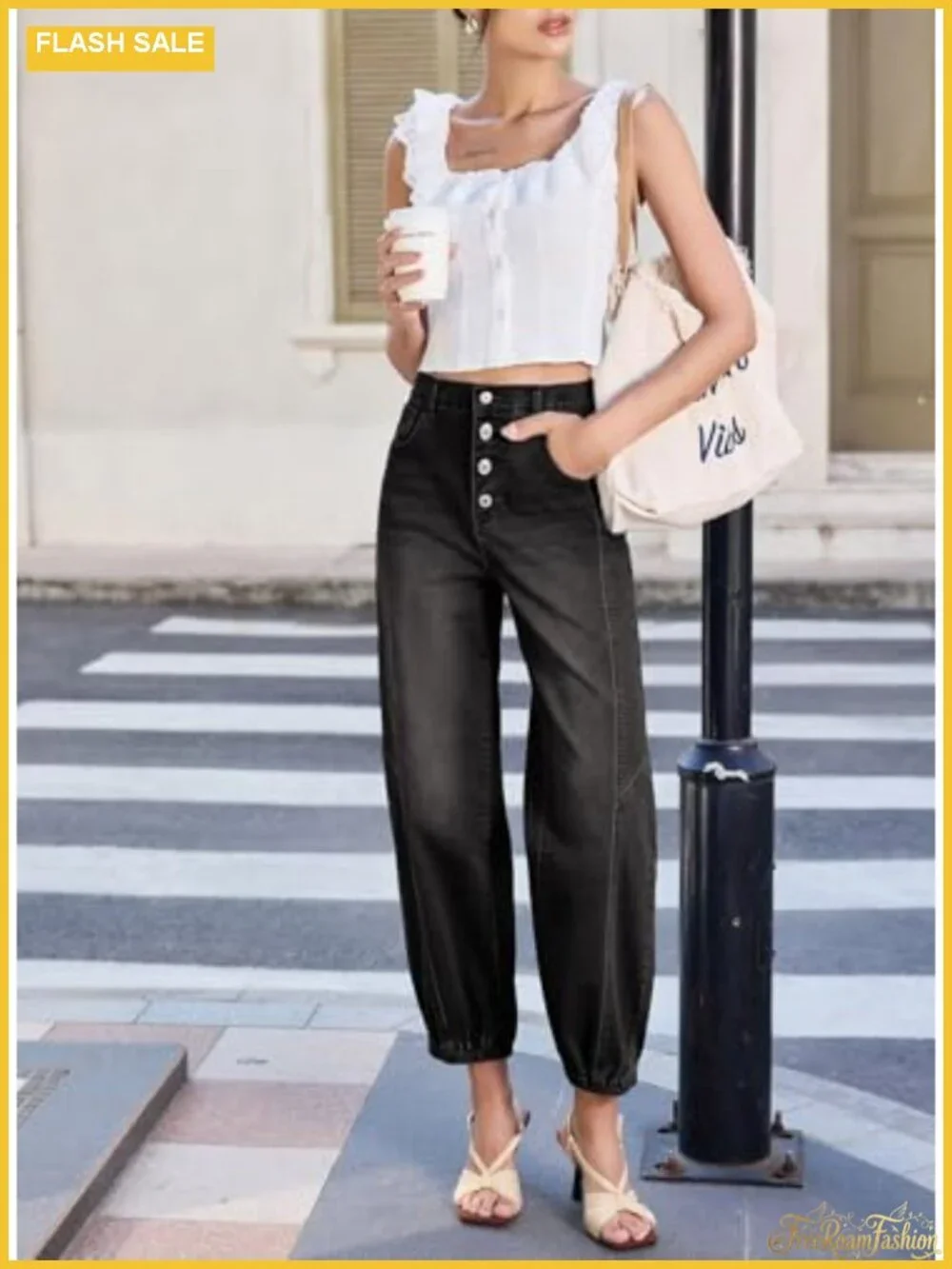 Baggy Wide Leg Denim Jeans High Rise Button Front Pockets